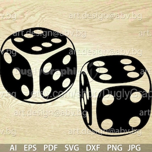 May include: Two black dice with white dots. The dice are on a wooden surface.