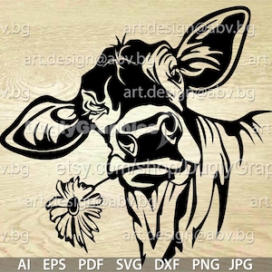 Vector COW with flower, calf, head, AI, PNG, eps, pdf, svg, dxf, jpg, svg cow, graphical image Art Print, heifer, muzzle, funny