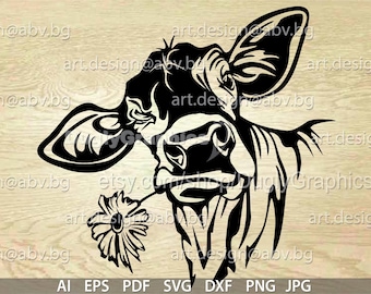 Vector COW with flower, calf, head, AI, PNG, eps, pdf, svg, dxf, jpg, svg cow, graphical image Art Print, heifer, muzzle, funny