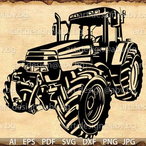 May include: A black and white silhouette of a tractor with large wheels. The tractor is facing the right side of the image.