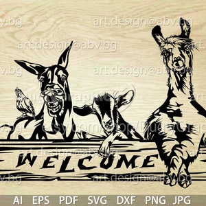 Vector ANIMAL FARM, text welcome, ai, eps, pdf, svg, dxf, png, jpg Download, farmhause, graphical, donkey, hen, goat, lama, alpaca