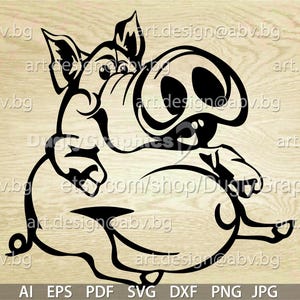 May include: A black and white cartoon pig illustration. The pig is depicted in a playful pose, with its snout and ears prominently displayed. The image is a vector graphic, suitable for various applications. The bottom of the image contains file type information.