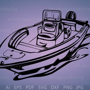 May include: A black and white line drawing of a boat with a windshield and a motor on the back. The boat is moving through the water, creating a wake.