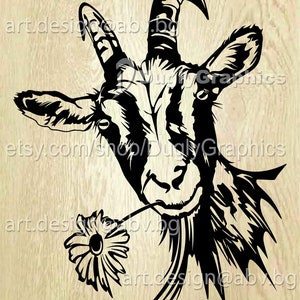 May include: Black and white silhouette of a goat's head with a flower in its mouth. The goat has large, pointed ears and horns. The flower has a simple, daisy-like shape.