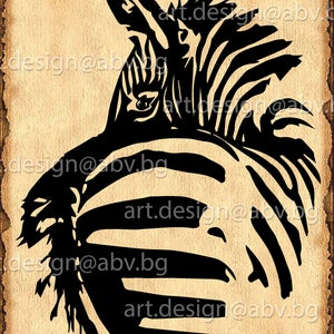 Puede incluir: Gráfico en blanco y negro de la cabeza y el cuello de una cebra, con rayas audaces. La imagen tiene un aspecto vintage y desgastado con el texto "art.design@abv.bg" repetido. Formatos de archivo listados abajo.