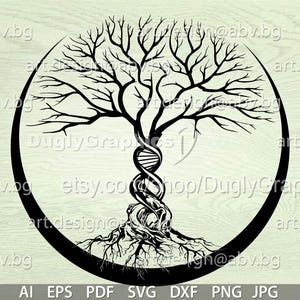 May include: Black and white tree of life design. The tree features a DNA helix trunk, roots, and branches within a circular frame. The design is suitable for various applications, including digital art and print projects.