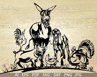 Animal Farm Vector Graphic, Donkey, Pig, Rooster (Digital Download)