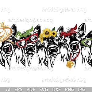 Vector 5 HEIFERS, for PRINTING, calf, head, AI, png, eps, pdf, svg, dxf, jpg Instant Download, svg cow, muzzle, tongue, Digital image