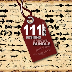 May include: A collection of 111 black and white arrow designs. The arrows are in various styles and point in different directions. The image is on a brown background with a red label that says "111 Designs Arrows Bundle pointing direction".