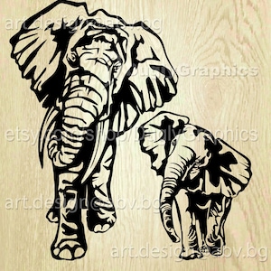 May include: Black and white silhouette of an adult elephant and a baby elephant standing side by side.