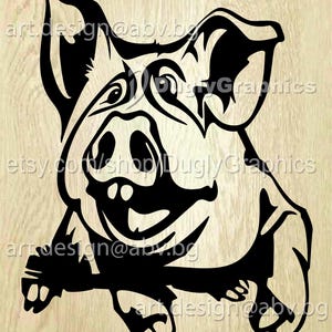 May include: Black and white illustration of a pig with a wide open mouth and a big smile. The pig is looking to the right and has a large snout.