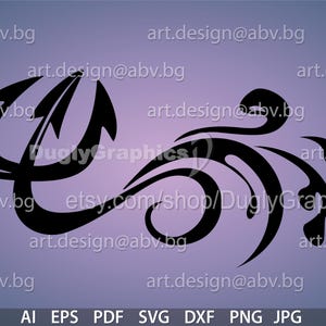 May include: Black and white vector graphic design of a trident with a wave behind it. The design is stylised and abstract.