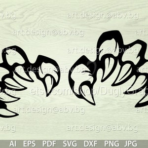 Może przedstawiać: Dwa czarne wzory pazurów z ostrymi, zakrzywionymi szponami. Grafika jest ilustracją wektorową, odpowiednią do różnych zastosowań cyfrowych. Obraz zawiera adresy stron internetowych i informacje o typie pliku.