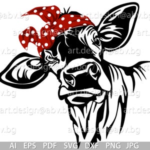 Vector COW with green and red bandana, calf, head, AI, PNG, eps, pdf, svg, dxf, jpg, svg cow, graphical image Art, heifer, muzzle, funny