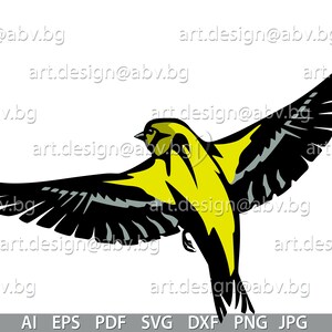 May include: A graphic illustration of a bird in flight, featuring yellow and black colours. The bird's wings are outstretched, showcasing a detailed design. The image includes the text "art.design@abv.bg" repeated across the top and sides.