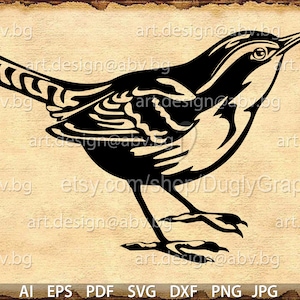 May include: Black and white silhouette of a bird with a long tail and a pointed beak. The bird is standing on a branch with its wings spread out.