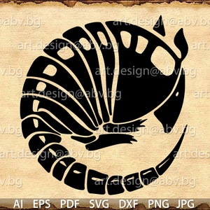 May include: A black and white silhouette of an armadillo curled up in a ball. The armadillo's shell is made up of many overlapping plates.