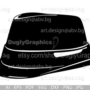 May include: Black and white silhouette of a fedora hat. The hat has a wide brim and a narrow crown. The text "DuglyGraphics" and "etsy.com/shop/DuglyGraphics" is visible on the hat.