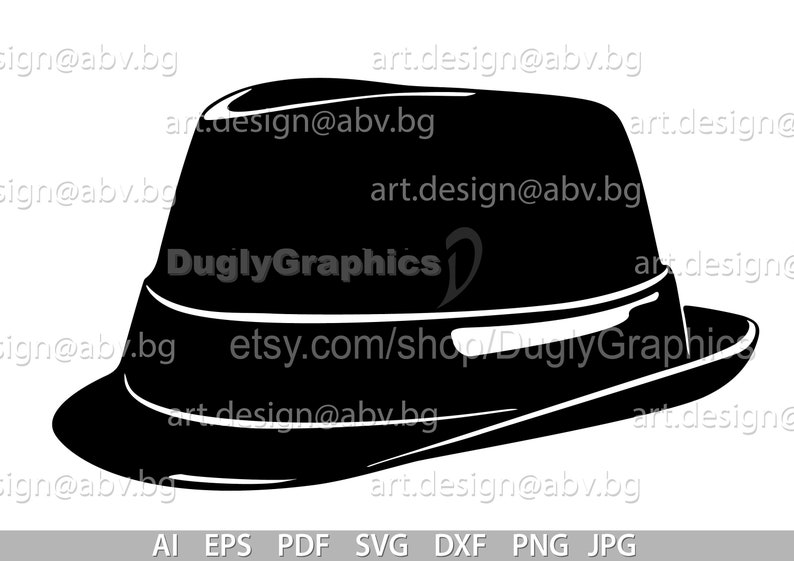 May include: Black and white silhouette of a fedora hat. The hat has a wide brim and a narrow crown. The text "DuglyGraphics" and "etsy.com/shop/DuglyGraphics" is visible on the hat.