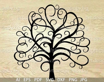 May include: Black and white silhouette of a tree with intricate, swirling branches. The tree is isolated on a light wood background.