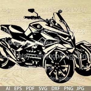 Puede incluir: Una silueta en blanco y negro de una motocicleta con tres ruedas. La motocicleta tiene una rueda delantera grande y dos ruedas traseras más pequeñas. La motocicleta tiene un diseño elegante y moderno.