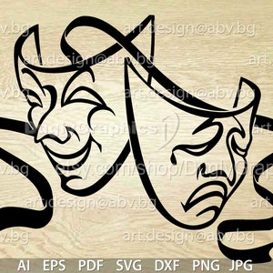 May include: Black and white illustration of two theatrical masks, one smiling and one frowning, intertwined with a ribbon.