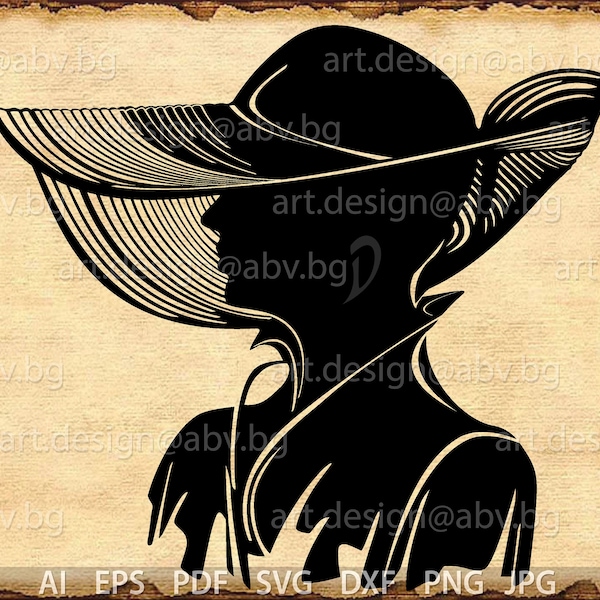 Vector FEMME avec chapeau, AI, eps, pdf, png, svg, dxf, jpg, profil de femme, numérique, graphique, silhouette féminine, mode, coupons de réduction