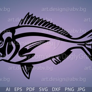 May include: A black and white illustration of a fish, set against a purple gradient background. The fish is depicted in profile, with detailed fins and scales. File type options include AI, EPS, PDF, SVG, DXF, PNG, and JPG.