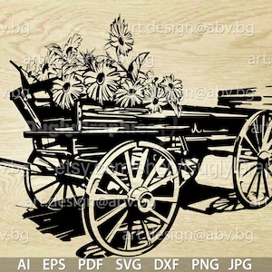 ベクター農村カート、ワゴン、AI、EPS、PDF、SVG、DXF、PNG、JPG ダウンロード、デジタル画像、グラフィカル、ひまわり