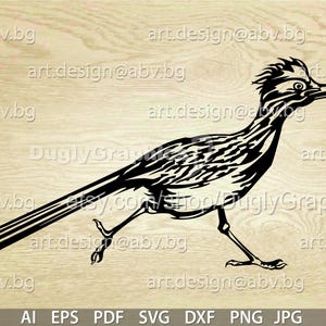 May include: A monochrome graphic of a roadrunner bird, shown in mid-stride with an item in its beak. The design features intricate linework and is set against a light wood-effect backdrop. Text at the bottom indicates file formats.