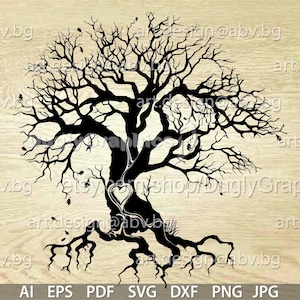 May include: A black silhouette of a tree with a heart shape in the center of the trunk. The tree has many branches and roots.