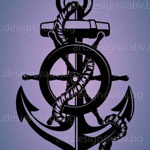 May include: A black silhouette of an anchor with a ship's wheel wrapped in rope. The anchor is a nautical symbol of hope and strength.
