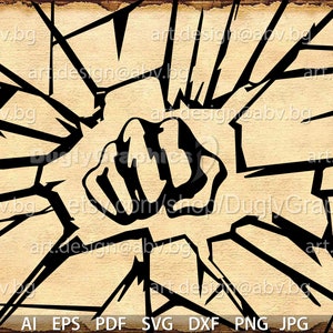 Puede incluir: Gráfico digital de un puño negro rompiendo un efecto de vidrio roto, sobre un fondo beige con un borde de vetas de madera desgastada. El texto incluye "art.design@abv.bg" y "etsy.com/shop/DuglyGraphics".