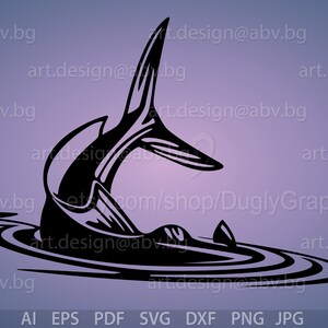 May include: A black silhouette of a fish leaping out of the water, creating ripples. The fish is facing to the right, with its tail in the air.