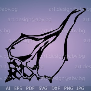 May include: A black and white silhouette of a seashell with a detailed, intricate design. The shell is curved and has a pointed tip.