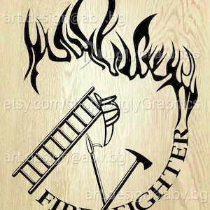 May include: Black and white silhouette of a firefighter's helmet, ladder, axe, and pickaxe with flames and the text "FIRE FIGHTER".