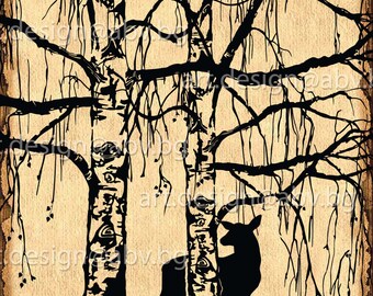 Birch Tree Vector Art with Deer (Digital Download)
