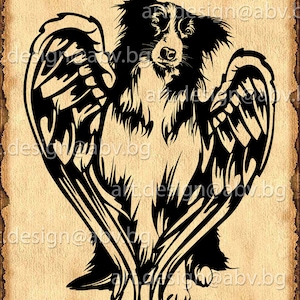 May include: Black and white silhouette of a dog with angel wings. The dog is sitting with its head tilted slightly to the side. The wings are spread out behind the dog.