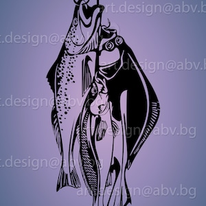 Puede incluir: Silueta en blanco y negro de tres peces colgando de un gancho. Los peces están dispuestos en forma de triángulo, con el pez más grande en la parte superior y el pez más pequeño en la parte inferior.