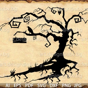 May include: Black silhouette of a spooky tree with a raven perched on a branch, a hanging sign, and bats. The design is on a parchment-style background with the text "art.design@abv.bg" and file type options.