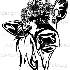 Vector COW with sunflowers in black, calf, head, AI, PNG, eps, pdf, svg, dxf, jpg Instant Download, Art Print, svg heifer with sunflowers image 2