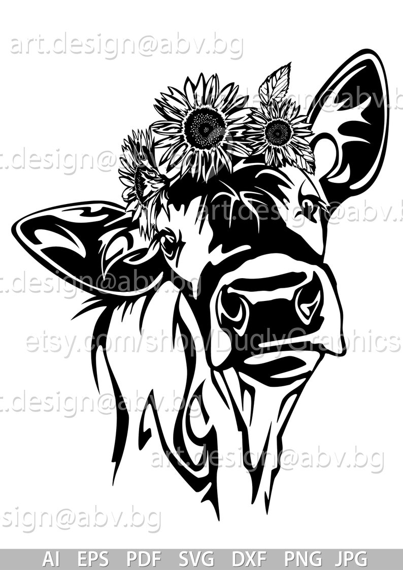 Vector COW with sunflowers in black, calf, head, AI, PNG, eps, pdf, svg, dxf, jpg Instant Download, Art Print, svg heifer with sunflowers image 2