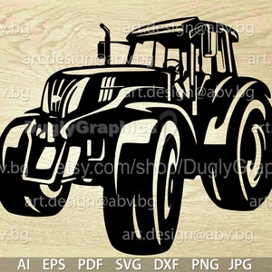 Puede incluir: Silueta en blanco y negro de un tractor con ruedas grandes. El tractor tiene una cabina con un parabrisas y un asiento de conductor.