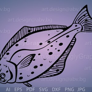 May include: Black and white line art illustration of a halibut fish with a spotted pattern. The fish is facing left and has a large, open mouth.