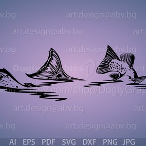 May include: Black and white silhouette of two fish jumping out of the water. The fish are facing opposite directions. The fish on the left is only showing its tail fin, while the fish on the right is showing its entire body. The water is represented by a wavy line.