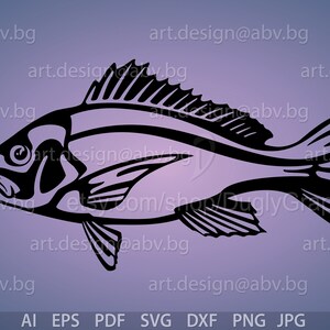 May include: A black and white silhouette of a fish with a detailed design. The fish is facing to the right and has a large fin on its back.
