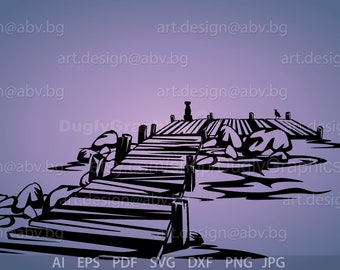 Immagine vettoriale di un molo in legno: grafica con cane e gabbiano (download digitale)