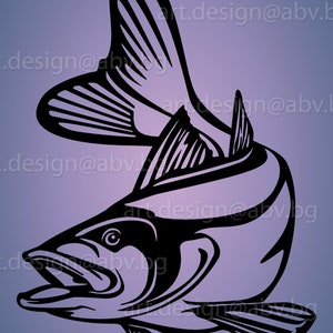 May include: Black and white silhouette of a fish with its mouth open. The fish is facing the left side of the image. The fish has a large tail fin and two smaller fins on its body.