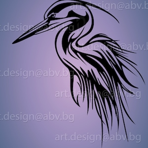 May include: Black and white silhouette of a heron with a long neck and beak. The heron is facing to the right and has a detailed, stylized design.