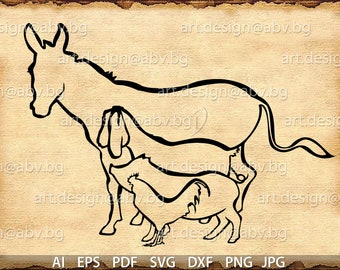 Vector ANIMAL FARM, ai, eps, pdf, svg, dxf, png, jpg Download, Digital image, graphical, donkey, goat, pig, rooster, welcome, hen, svg farm